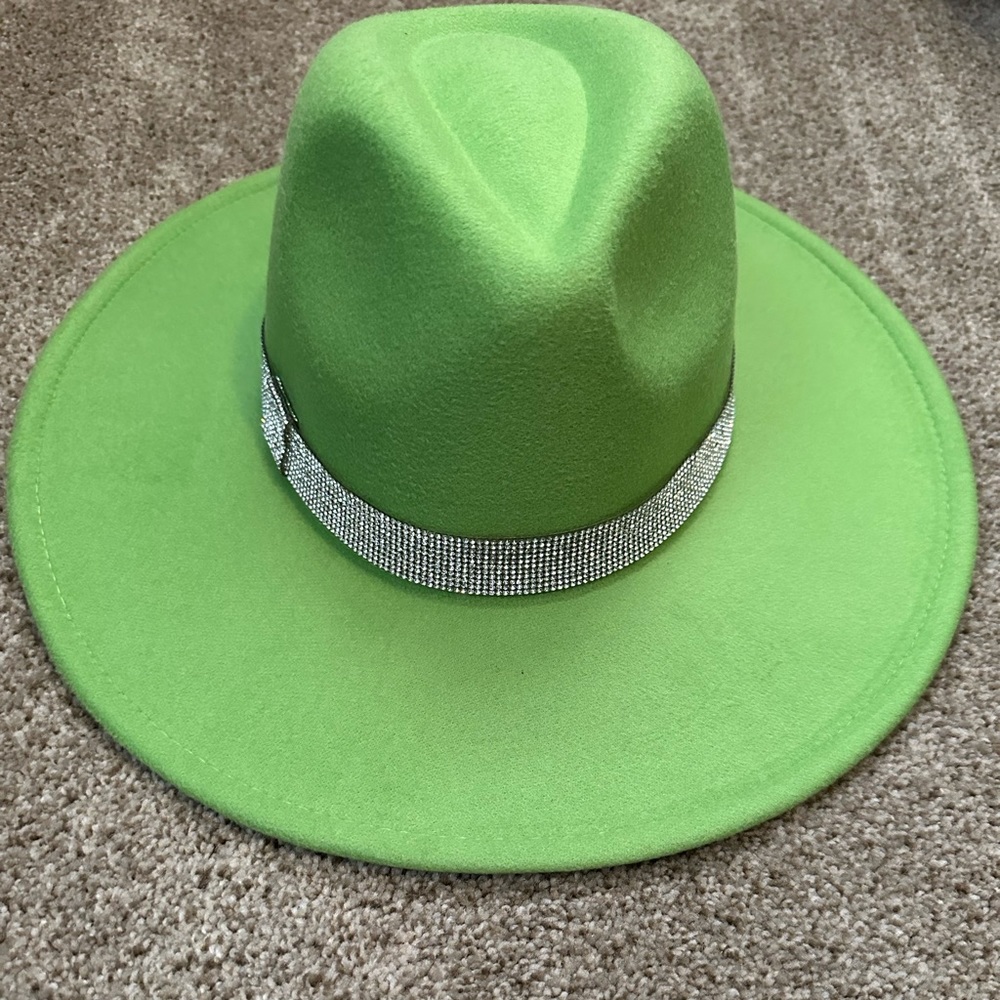 Lime Green Rhinestone Wide Brim Hat